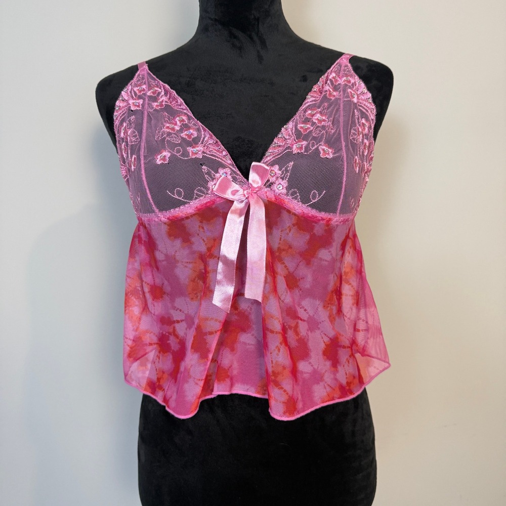 Womens Sheer Mesh Lace Babydoll Lingerie‎ Top Small Pink Coquette Fairy